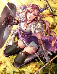 Rule 34 | 1girl, arm up, armor, black thighhighs, breastplate, brown eyes, brown hair, flower, from above, gauntlets, greaves, hair between eyes, hair flower, hair ornament, halterneck, hortensia saga, long hair, looking at viewer, official art, pauldrons, polearm, shield, short shorts, shorts, shoulder armor, sitting, smile, solo, sunlight, sword, thigh strap, thighhighs, torn clothes, torn thighhighs, underbust, very long hair, watermark, weapon