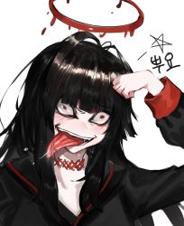 Rule 34 | 1girl, bad id, bad pixiv id, black hair, black shirt, blue archive, blush, creepy, dokomon, halo, highres, long hair, long sleeves, looking at viewer, open mouth, red eyes, saliva, shirt, simple background, smile, solo, tongue, tongue out, tsurugi (blue archive), white background