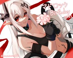 Rule 34 | 1girl, arknights, bare shoulders, black collar, black gloves, black sports bra, bodysuit, breasts, character name, cleavage, collar, dated, ear piercing, gloves, hair between eyes, hair ornament, happy birthday, highres, infection monitor (arknights), kasasasagi, large breasts, lips, long hair, looking at viewer, material growth, mudrock (arknights), navel, open bodysuit, open clothes, oripathy lesion (arknights), parted lips, piercing, pointy ears, red eyes, red ribbon, ribbon, sidelocks, simple background, solo, sports bra, white background, white bodysuit, white hair