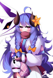 Rule 34 | 1girl, absurdres, ahoge, blush, bow, braid, cowboy shot, dated, flower, fur-trimmed kimono, fur trim, grey background, hair bow, highres, horn flower, horns, japanese clothes, kimono, kindred (league of legends), lamb (league of legends), league of legends, long hair, long sleeves, make (drnr2342), orange bow, orange flower, pink eyes, scarf, signature, smile, spirit blossom kindred, twin braids, twintails, white kimono, wolf (league of legends)