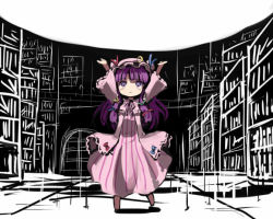 Rule 34 | 1girl, arms up, bookshelf, crescent, female focus, gatau, genki dama, hair ribbon, hat, irony, library, long hair, outstretched arms, patchouli knowledge, purple eyes, purple hair, ribbon, solo, touhou, voile