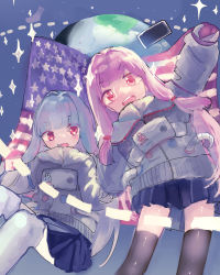 Rule 34 | 2girls, :d, absurdres, american flag, arm up, blue hair, blue skirt, earth (planet), grey thighhighs, hair intakes, highres, kotonoha akane, kotonoha aoi, light blue hair, long hair, looking at viewer, microa, miniskirt, multiple girls, open mouth, pink eyes, pink hair, planet, pleated skirt, siblings, sisters, skirt, smile, spacesuit, sparkle, star (sky), teeth, thighhighs, upper teeth only, v-shaped eyebrows, voiceroid, white thighhighs, zettai ryouiki