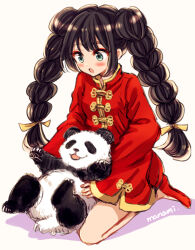 Rule 34 | 1girl, :3, animal, artist name, blush, braid, brown hair, china dress, chinese clothes, commentary request, double bun, dress, full body, green eyes, hair bun, hair ribbon, holding, holding animal, long hair, long sleeves, looking at animal, looking at another, looking down, open mouth, original, panda, red dress, red footwear, ribbon, seiza, shoes, signature, simple background, sitting, sleeves past wrists, solo, sugano manami, twin braids, white background, yellow ribbon