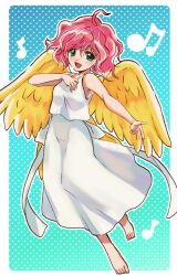 Rule 34 | 1girl, angel, angel wings, bad source, blue background, blush, curly hair, dress, full body, green eyes, harpy (puyopuyo), highres, higurashi 73, looking at viewer, madou monogatari, musical note, open mouth, pink hair, puyopuyo, short hair, smile, solo, white dress, wings, yellow wings