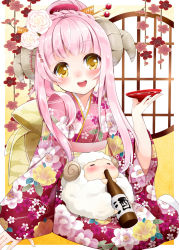 Rule 34 | 1girl, :d, = =, blush, bottle, floral print, hair ornament, highres, horns, japanese clothes, kanzashi, kimono, long hair, looking at viewer, natsu (natume0504), obi, open mouth, original, pink hair, sakazuki, sake bottle, sash, sheep, sheep horns, sitting, smile, solo, tsumami kanzashi, yellow eyes