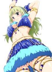Rule 34 | 10s, 1girl, ahoge, armpits, blue eyes, blush, green hair, idolmaster, idolmaster million live!, jewelry, kimura neito, long hair, lots of jewelry, navel, necklace, outstretched arms, shimabara elena, smile, solo, tiara, white background