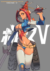 Rule 34 | 1970s (style), 1girl, bad id, bad pixiv id, belt, belt skirt, breasts, brown eyes, choudenji machine voltes v, cleavage, drill, mazingkaizer, mecha musume, retro artstyle, personification, red hair, retro artstyle, revealing clothes, solo, sword, thigh gap, thighhighs, voltes v (mecha), weapon