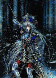Rule 34 | 00s, 1girl, armor, armored boots, astharoshe asran, boots, contrapposto, highres, holding, holding weapon, lance, long hair, looking at viewer, official art, polearm, scan, shibamoto thores, solo, standing, thigh boots, thighhighs, trinity blood, very long hair, weapon
