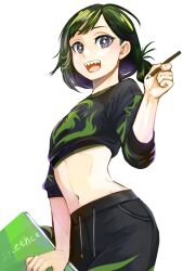 Rule 34 | 1girl, black eyes, black pants, black shirt, book, breasts, character request, contrapposto, copyright request, cowboy shot, crop top, green hair, hair rings, hand up, highres, holding, holding book, holding pen, long sleeves, midriff, navel, pants, pen, print shirt, satou usuzuku, sharp teeth, shiny skin, shirt, simple background, small breasts, smile, solo, sparkling eyes, stomach, teeth, upper teeth only, white background