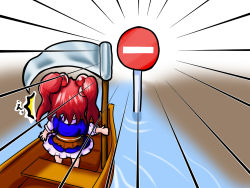 Rule 34 | 1girl, blue dress, boat, chibi, dress, emphasis lines, female focus, hair bobbles, hair ornament, highres, jpeg artifacts, no entry sign, onozuka komachi, outdoors, parody, petticoat, red eyes, red hair, road sign, scythe, sign, solo, stop sign, ^^^, terramaru, touhou, twintails, two side up, water, watercraft