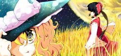 Rule 34 | 2girls, black eyes, black hair, blonde hair, bow, close-up, covering one eye, detached sleeves, full moon, hair bow, hair tubes, hakurei reimu, hand on headwear, hat, hat bow, inaba jonasan, kirisame marisa, long hair, looking at another, looking at viewer, moon, multiple girls, night, night sky, ponytail, red skirt, ribbon-trimmed sleeves, ribbon trim, skirt, sky, sleeveless, smile, standing, star-shaped pupils, star (sky), star (symbol), symbol-shaped pupils, tongue, tongue out, touhou, wheat field, witch hat