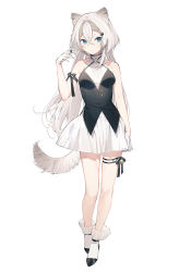 Rule 34 | 1girl, animal ear fluff, animal ears, bare arms, bare shoulders, black footwear, blue eyes, breasts, closed mouth, dress, gloves, grey hair, hair between eyes, hair ornament, hairclip, half gloves, highres, long hair, looking at viewer, medium breasts, multicolored hair, original, philomelalilium, pleated dress, shoes, simple background, smile, socks, solo, tail, two-tone hair, very long hair, white background, white dress, white gloves, white hair, white socks