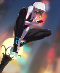Rule 34 | 1girl, absurdres, animification, asymmetrical hair, balancing, ballet slippers, blonde hair, blue eyes, blue footwear, blurry, blurry background, bodysuit, breasts, cellphone, full body, gwen stacy, highres, holding, holding phone, hood, hood up, hooded bodysuit, lamppost, long legs, looking at viewer, loped, m legs, marvel, night, phone, short hair, skin tight, small breasts, smartphone, smile, solo, spider-gwen, spider-man: into the spider-verse, spider-man (series), spider-verse, spider web print, superhero costume, white hood