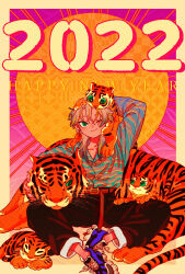 Rule 34 | 1boy, 2022, androgynous, animal, animal on head, belt, blush, chinese zodiac, giri9211, green eyes, grey hair, happy new year, highres, long hair, long sleeves, looking up, male focus, new year, on head, one eye closed, original, pants, print shirt, shirt, shoes, sitting, smile, sneakers, solo, tiger, tiger cub, year of the tiger