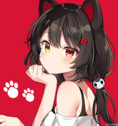 Rule 34 | 1girl, animal ears, black hair, blush, breasts, brown eyes, commentary request, dog ears, dog hair ornament, flower, from side, hair between eyes, hair flower, hair ornament, hands up, heterochromia, inui toko, long hair, looking at viewer, looking to the side, low twintails, medium breasts, myuton, nijisanji, off-shoulder shirt, off shoulder, red background, red eyes, red flower, shirt, simple background, solo, twintails, upper body, very long hair, virtual youtuber, white shirt