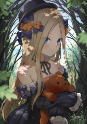 Rule 34 | 1girl, abigail williams (fate), adapted costume, artist name, bare shoulders, black bow, black choker, black dress, black hat, blonde hair, blue eyes, blue sky, blush, bow, choker, cloud, commentary request, day, dress, fate/grand order, fate (series), forest, hair bow, hat, hugging object, long hair, long sleeves, looking at viewer, multiple hair bows, nature, off-shoulder dress, off shoulder, orange bow, outdoors, parted bangs, polka dot, polka dot bow, ribbon choker, signature, sky, sleeves past wrists, smile, solo, stuffed animal, stuffed toy, teddy bear, tyone, very long hair