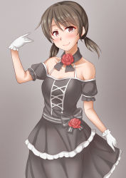 Rule 34 | 1girl, anti (untea9), bare shoulders, black background, black dress, black ribbon, blush, brown eyes, brown hair, closed mouth, commentary request, dress, flower, gloves, gradient background, highres, kantai collection, looking at viewer, low twintails, medium hair, off shoulder, partial commentary, red flower, red rose, ribbon, rose, shirayuki (kancolle), skirt hold, smile, solo, twintails, white gloves