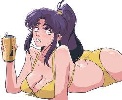 Rule 34 | 1girl, alternate hairstyle, arm support, arm under breasts, ass, beer can, bikini, blush, breasts, butt crack, can, cleavage, dentedhood, drink can, hair ribbon, half-closed eyes, highres, holding, holding can, katsuragi misato, large breasts, legs, looking at viewer, lying, medium hair, neon genesis evangelion, on stomach, ponytail, purple eyes, purple hair, ribbon, seductive gaze, seductive smile, smile, solo, sweat, swimsuit, the pose, thighs, yellow bikini