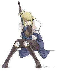 Rule 34 | 1girl, agrias oaks, blonde hair, boots, final fantasy, final fantasy tactics, gloves, non-web source, sitting, sword, weapon