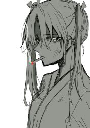 Rule 34 | 10s, 1girl, cigarette, greyscale, hair between eyes, hair over shoulder, hair ribbon, highres, japanese clothes, kantai collection, long hair, looking at viewer, monochrome, ribbon, sanpachishiki (gyokusai-jima), shaded face, simple background, smoke, smoking, solo, twintails, upper body, white background, zuikaku (kancolle)