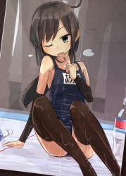 Rule 34 | 10s, 1girl, asashio (kancolle), bad id, bad pixiv id, black hair, blue eyes, bottle, detached sleeves, kantai collection, long hair, one-piece swimsuit, one eye closed, open mouth, school swimsuit, sitting, swimsuit, thighhighs, water bottle, wet, yopan danshaku