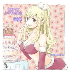 Rule 34 | 10s, 1girl, bikini, bikini top only, birthday, birthday cake, blonde hair, breasts, cake, candle, character name, cleavage, cream, cream on face, dated, detached sleeves, floral background, food, food on face, fruit, fur trim, hair ornament, hairclip, happy birthday, highres, large breasts, long hair, looking at viewer, midriff, navel, ponytail, red eyes, santa costume, shiraishi urara, signature, solo, strawberry, swimsuit, tasting, tongue, tongue out, x hair ornament, yamada-kun to 7-nin no majo, yoshikawa miki