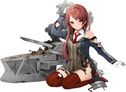 Rule 34 | 1girl, black jacket, blush, buttons, closed mouth, collared shirt, dress, full body, gloves, grey dress, jacket, kantai collection, long hair, long sleeves, machinery, nevada (kancolle), nevada kai (kancolle), official art, open clothes, open jacket, red eyes, red hair, rigging, rudder footwear, shirt, sleeveless, sleeveless shirt, solo, torn clothes, torn dress, torn jacket, transparent background, turret, white gloves, white shirt