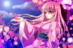 Rule 34 | 1girl, bad id, bad pixiv id, blue eyes, blush, full moon, japanese clothes, kimono, leaf, long hair, megurine luka, moon, open mouth, outstretched arm, pink hair, shiramori yuse, solo, vocaloid