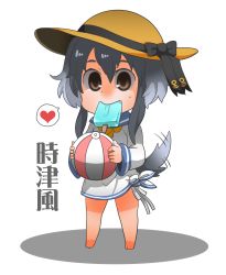 Rule 34 | 1girl, anchor symbol, ball, barefoot, beachball, black bow, black hair, blue sailor collar, bow, brown eyes, brown hat, chibi, commentary, dog tail, food, food in mouth, full body, gradient hair, grey hair, gurageida, hair between eyes, hat, hat bow, heart, highres, holding, holding ball, kantai collection, kemonomimi mode, mouth hold, multicolored hair, popsicle, sailor collar, sailor shirt, shadow, shirt, solo, spoken heart, standing, sun hat, tail, tail wagging, tied shirt, tokitsukaze (kancolle), translated, white background, white shirt