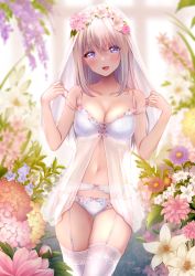 Rule 34 | 1girl, :d, amagi shino, artist name, babydoll, blurry, blush, bow, bow panties, breasts, collarbone, cowboy shot, cross-laced clothes, cross-laced top, depth of field, flower, garter belt, gluteal fold, hands up, head wreath, highres, lace, lace-trimmed legwear, lace trim, lingerie, long hair, looking at viewer, moe2021, navel, open mouth, original, panties, panties over garter belt, pulling own clothes, purple eyes, see-through, signature, smile, solo, standing, strap pull, thigh gap, thighhighs, underwear, underwear only, veil, white babydoll, white hair, white panties, white thighhighs
