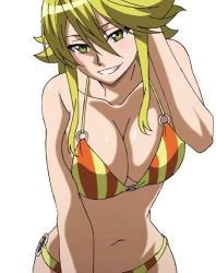 Rule 34 | 10s, 1girl, akame ga kill!, bikini, blonde hair, blush, breasts, cleavage, large breasts, leone (akame ga kill!), long hair, simple background, smile, standing, stitched, swimsuit, third-party edit, white background, yellow eyes