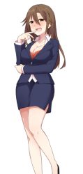 Rule 34 | 1girl, blush, bra, breasts, brown eyes, brown hair, cleavage, dmm, drive on requesta, female focus, formal, game cg, large breasts, legs, long hair, looking at viewer, open mouth, simple background, skirt, smile, solo, standing, suit, thighs, underwear, white background