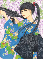 Rule 34 | 1girl, black hair, brown eyes, floral print, flower, from behind, frown, gun, holding, holding gun, holding weapon, japanese clothes, kimono, long hair, looking at viewer, looking back, machine gun, nadeshiko rin, original, ponytail, solo, spider web print, traditional media, weapon, wisteria
