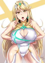 Rule 34 | 1girl, absurdres, arm up, armpits, bare shoulders, blonde hair, breasts, cleavage, cleavage cutout, clothing cutout, commentary request, competition swimsuit, covered navel, earrings, gem, gradient background, hair ornament, headpiece, heart, highres, huge breasts, jewelry, large breasts, long hair, looking at viewer, mythra (xenoblade), nintendo, one-piece swimsuit, open mouth, puripuri jet, sitting, solo, staring, swept bangs, swimsuit, thigh gap, thighs, tiara, tsundere, very long hair, wet, xenoblade chronicles (series), xenoblade chronicles 2, yellow eyes