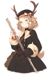 Rule 34 | :/, animal ears, antlers, bag, beret, black coat, black gloves, black hat, black mittens, blue eyes, blush, braid, brown hair, character request, christmas, closed mouth, coat, copyright request, flute, gloves, hat, highres, holding, holding instrument, horns, instrument, junwool, mittens, simple background, single mitten, sketch, solo, tail