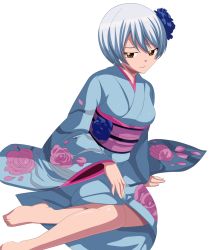 Rule 34 | 1girl, barefoot, breasts, brown eyes, deviantart thumbnail, fairy tail, floral print, flower, flower on head, hair flower, hair ornament, highres, japanese clothes, kimono, looking at viewer, short hair, silver hair, sitting, solo, wavy mouth, yukino aguria