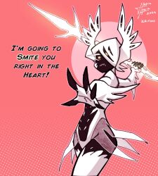 Rule 34 | 1girl, angel, angel (za1f0n), black skin, colored sclera, colored skin, energy spear, english text, extra eyes, head wings, highres, holding, holding polearm, holding weapon, looking at viewer, monochrome, monster girl, original, polearm, signature, spear, twitter username, valentine, weapon, wings, yellow eyes, yellow sclera, za1f0n