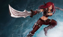 Rule 34 | 1girl, boots, breasts, cleavage, dual wielding, gloves, goomrrat, green eyes, holding, katarina (league of legends), knife, league of legends, long hair, midriff, red hair, scar, smile, solo, throwing knife