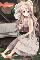 Rule 34 | 1girl, absurdres, anklet, barefoot, blue eyes, braid, brown hair, dress, fish, fishbowl, goldfish, hair ornament, hairband, highres, jewelry, long hair, looking at viewer, necklace, original, ring, shiro (octet), sitting, sleeveless, sleeveless dress, soaking feet, solo, twin braids, very long hair, water
