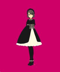 Rule 34 | 1girl, :&lt;, ankle boots, arms behind back, black dress, black footwear, black hairband, black pantyhose, bob cut, boots, bow, closed mouth, collared dress, dot nose, dress, expressionless, eyes visible through hair, frilled hairband, frills, full body, gothic lolita, grey hair, hair ornament, hairband, hairclip, heart, high heel boots, high heels, layered dress, legs together, lolita fashion, lolita hairband, looking to the side, maeya susumu, medium dress, original, pantyhose, parted bangs, pink background, pleated dress, puffy sleeves, purple eyes, sash, short hair, signature, simple background, solo, standing, striped, striped bow, two-tone bow, two-tone dress, waist bow, white dress, wing collar