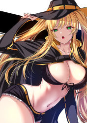 Rule 34 | 1girl, :o, akeyama kitsune, arm up, azur lane, belt, bikini, bikini top only, black background, black bikini, black cloak, black hat, black shorts, black sleeves, blonde hair, breasts, cleavage, cloak, collarbone, commentary request, cowboy hat, cowboy shot, cutoffs, detached sleeves, front-tie bikini top, front-tie top, green eyes, groin, hair between eyes, hat, holding, holding clothes, holding hat, hornet (azur lane), large breasts, long hair, looking at viewer, midriff, navel, open mouth, partial commentary, short shorts, shorts, sidelocks, solo, standing, swimsuit, twintails, very long hair, white background, yellow belt
