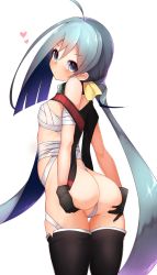 Rule 34 | 1girl, ahoge, alternate costume, arched back, ass, ass grab, bare shoulders, black thighhighs, blush, boruhis, breasts, cosplay, covered erect nipples, cowboy shot, deep skin, from behind, grabbing own ass, gradient hair, grey eyes, grey hair, hair between eyes, head tilt, heart, highres, kantai collection, kiyoshimo (kancolle), long hair, looking at viewer, low twintails, multicolored hair, musashi (kancolle), musashi (kancolle) (cosplay), partially visible vulva, sarashi, serious, small breasts, solo, spread ass, thighhighs, thighs, twintails, very long hair