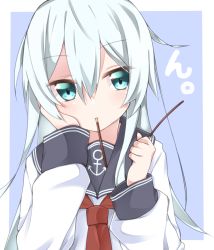 Rule 34 | 10s, 1girl, anchor symbol, blue background, blue eyes, head rest, commentary request, food, food in mouth, hibiki (kancolle), highres, kantai collection, long hair, long sleeves, neckerchief, no headwear, no headwear, pocky, rateratte, school uniform, serafuku, solo, upper body, white hair