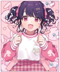 Rule 34 | 1girl, :d, animal bag, backpack, bag, blue hair, border, bow, chiri (ch!), commentary, earrings, english text, eyelashes, facial tattoo, fukumaru koito, hair bow, hair ornament, hairclip, heart, heart tattoo, idolmaster, idolmaster shiny colors, jewelry, open mouth, pink background, pink bow, pink skirt, pink sleeves, pink theme, plaid, plaid skirt, pom pom (clothes), pom pom earrings, puffy sleeves, rabbit background, rabbit bag, shirt, short hair, short twintails, skirt, smile, solo, tattoo, twintails, wavy hair, white bow, white shirt