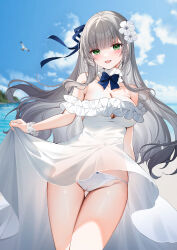 1girl absurdres bare_shoulders blue_sky blush breasts cleavage dress green_eyes grey_hair highres hololive large_breasts long_hair looking_at_viewer off_shoulder open_mouth panties shirogane_noel sky smile solo thighs underwear virtual_youtuber white_dress white_panties yukineko1018