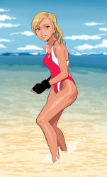 Rule 34 | 1girl, beach, black gloves, blonde hair, blurry, blurry background, bright pupils, competition swimsuit, copyright request, dark-skinned female, dark skin, depth of field, earrings, feet out of frame, fingerless gloves, gloves, highres, jewelry, looking at viewer, ocean, one-piece swimsuit, one side up, outdoors, parted lips, purple eyes, red one-piece swimsuit, smile, solo, standing, swimsuit, wading, white pupils, yukiyoshi mamizu