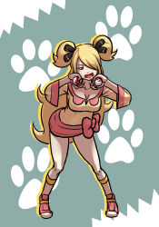 Rule 34 | 1girl, blonde hair, blush, breasts, capri pants, cleavage, commentary request, cosplay, creatures (company), cynthia (pokemon), full body, game freak, green background, habatakuhituji, hair ornament, hair over one eye, holding, holding poke ball, iris (pokemon), iris (pokemon) (cosplay), leaning forward, long hair, medium breasts, nintendo, open mouth, pants, pigeon-toed, pink footwear, poke ball, poke ball (basic), pokemon, pokemon (anime), pokemon bw (anime), shirt, shoes, sleeves past elbows, solo, tongue, two side up, white pants, yellow shirt