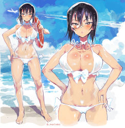 Rule 34 | 10s, 1girl, aircraft, airplane, barefoot, beach, bikini, black hair, blue eyes, blush, breasts, choker, cleavage, closed mouth, contrail, cropped legs, day, full body, girls und panzer, hair between eyes, hand on own hip, hands on own hips, highres, innertube, kawashima momo, large breasts, looking at viewer, monocle, multiple views, navel, norinco, outdoors, sand, shore, short hair, side-tie bikini bottom, signature, standing, swim ring, swimsuit, thong, thong bikini, white bikini, wide hips