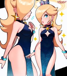 Rule 34 | 1girl, absurdres, ass, bare legs, blonde hair, blue eyes, bracelet, breasts, brooch, choker, cleavage, cleavage cutout, clothing cutout, covered navel, crown, dress, earrings, eyelashes, hair over one eye, highres, jewelry, looking at viewer, mario (series), mini crown, multiple views, nail polish, nintendo, rosalina, sarukaiwolf, side slit, standing, super mario galaxy, sweatdrop, thighs