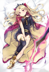 Rule 34 | 1girl, bed sheet, black dress, black leotard, blonde hair, blush, cape, closed mouth, commentary request, crown, dress, earrings, ereshkigal (fate), fate/grand order, fate (series), full body, hair ribbon, hoop earrings, jewelry, leotard, looking at viewer, lying, natsume eri, on back, parted bangs, pillow, red cape, red eyes, ribbon, single sleeve, single thighhigh, solo, thighhighs, tiara, tohsaka rin, two side up